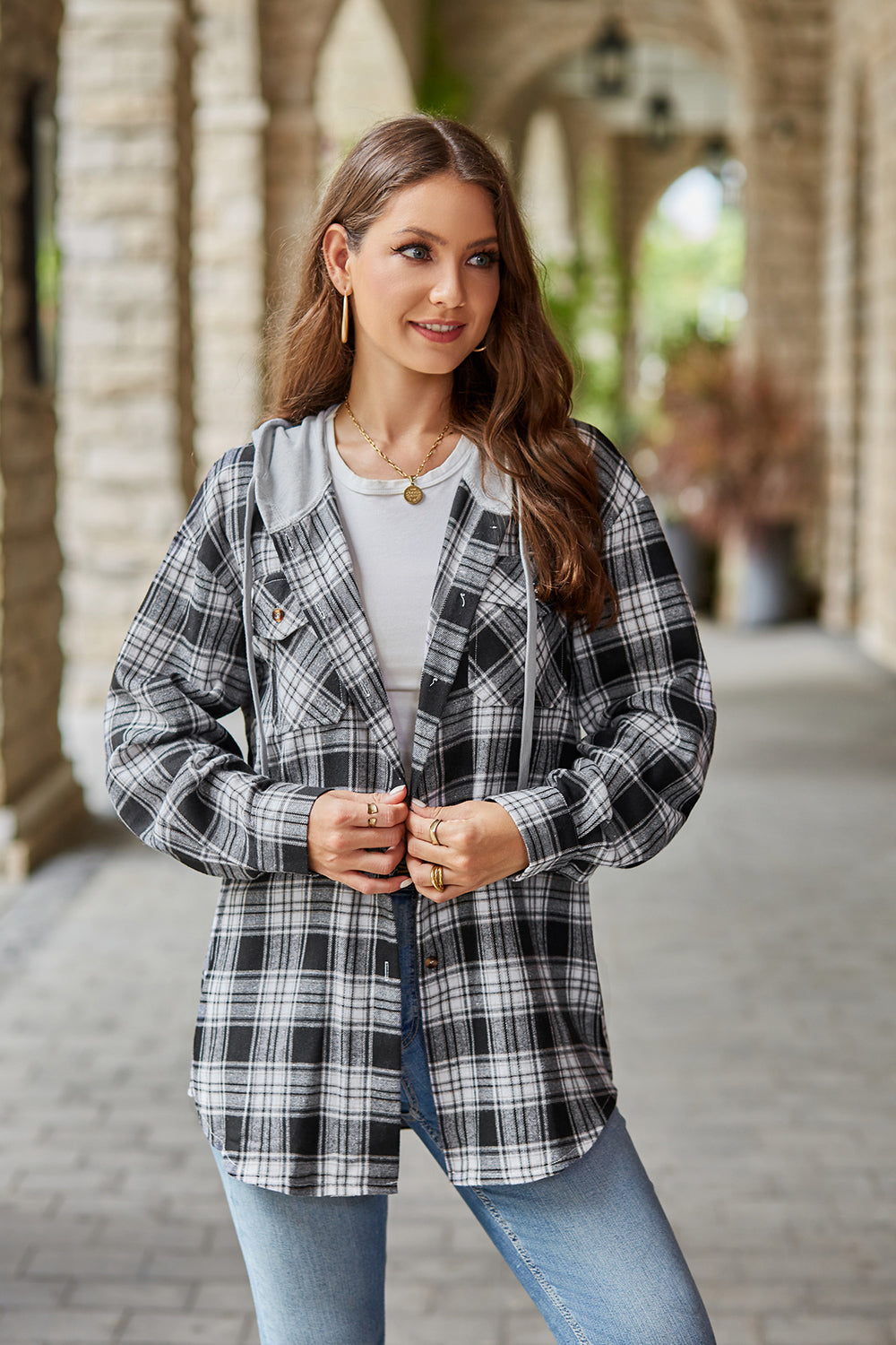 Plaid Long Sleeve Hooded Jacket - Black / S - Jackets & Coats - Coats & Jackets - 4 - 2024