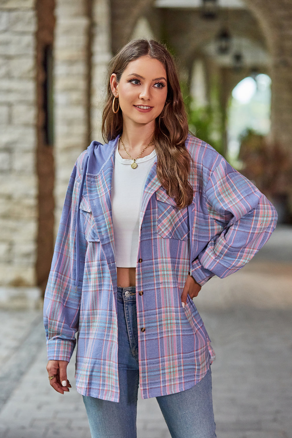 Plaid Long Sleeve Hooded Jacket - Purple / S - Jackets & Coats - Coats & Jackets - 10 - 2024