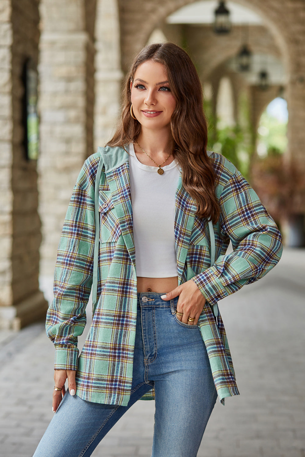 Plaid Long Sleeve Hooded Jacket - Green / S - Jackets & Coats - Coats & Jackets - 7 - 2024