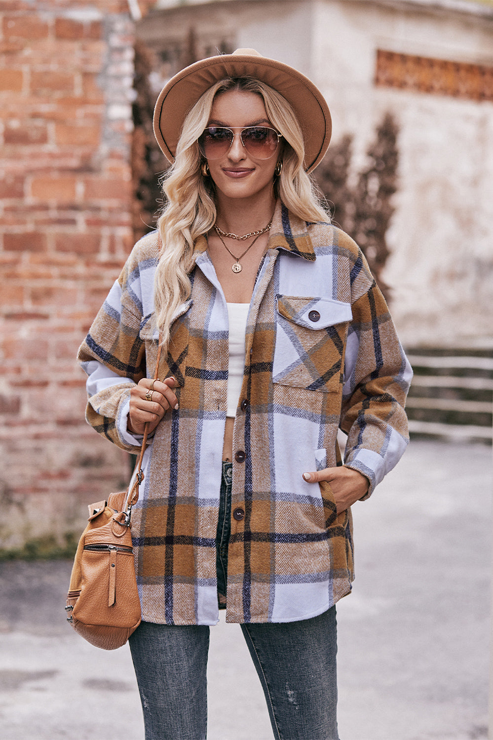 Plaid Long Sleeve Shirt Jacket with Pockets - Brown / S - T-Shirts - Coats & Jackets - 16 - 2024