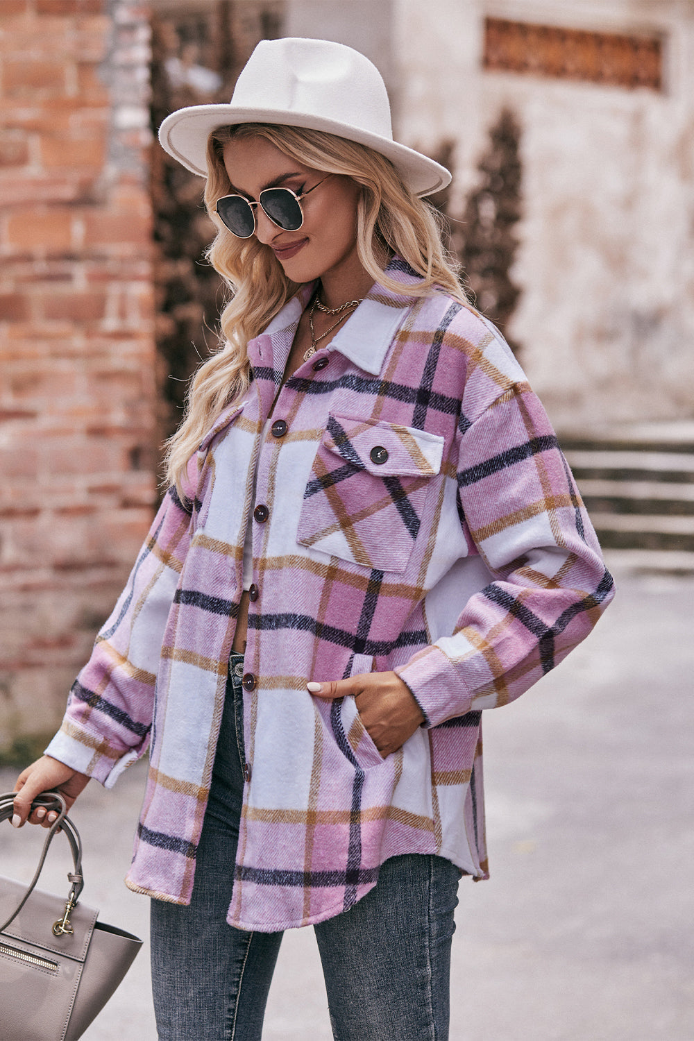 Plaid Long Sleeve Shirt Jacket with Pockets - T-Shirts - Coats & Jackets - 2 - 2024