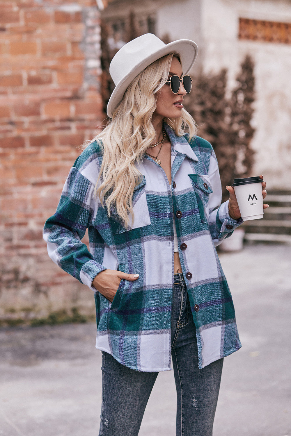 Plaid Long Sleeve Shirt Jacket with Pockets - Green / S - T-Shirts - Coats & Jackets - 13 - 2024