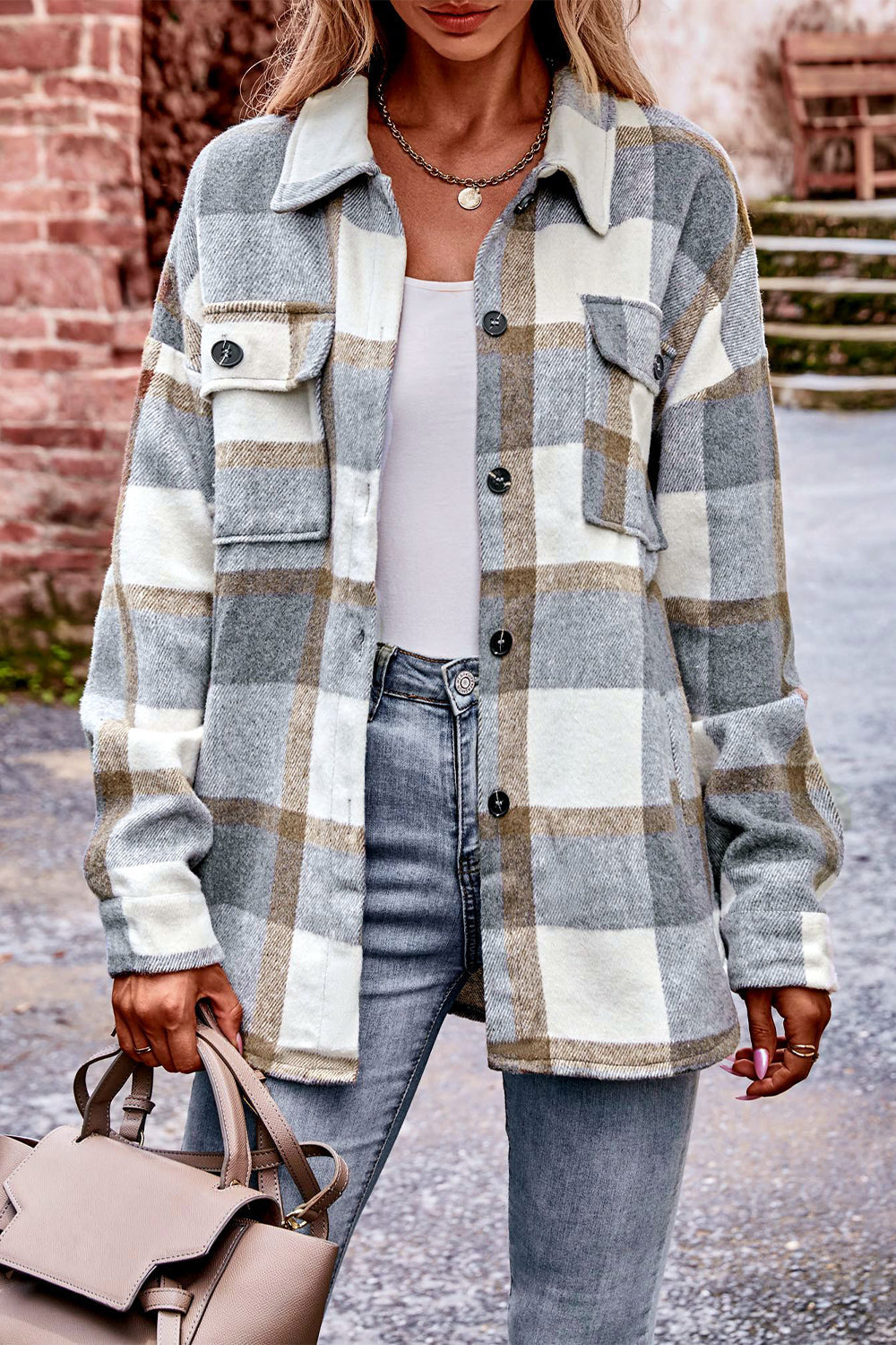 Plaid Long Sleeve Shirt Jacket with Pockets - Light Gray / S - T-Shirts - Coats & Jackets - 19 - 2024