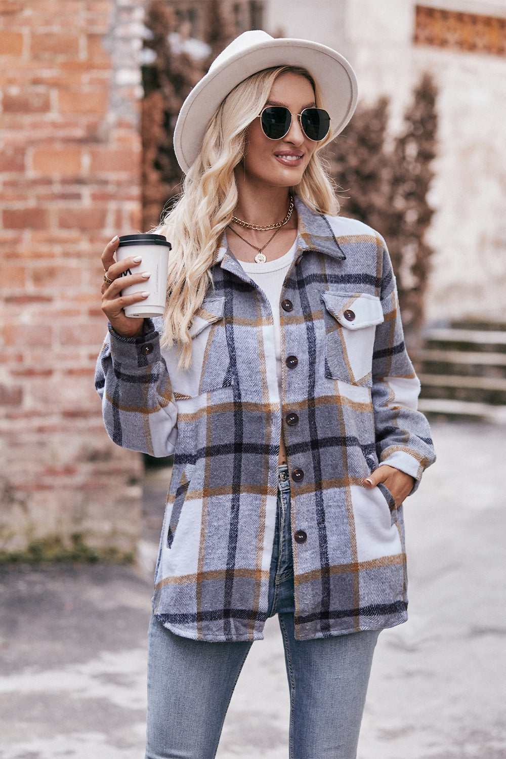 Plaid Long Sleeve Shirt Jacket with Pockets - Gray / S - T-Shirts - Coats & Jackets - 6 - 2024