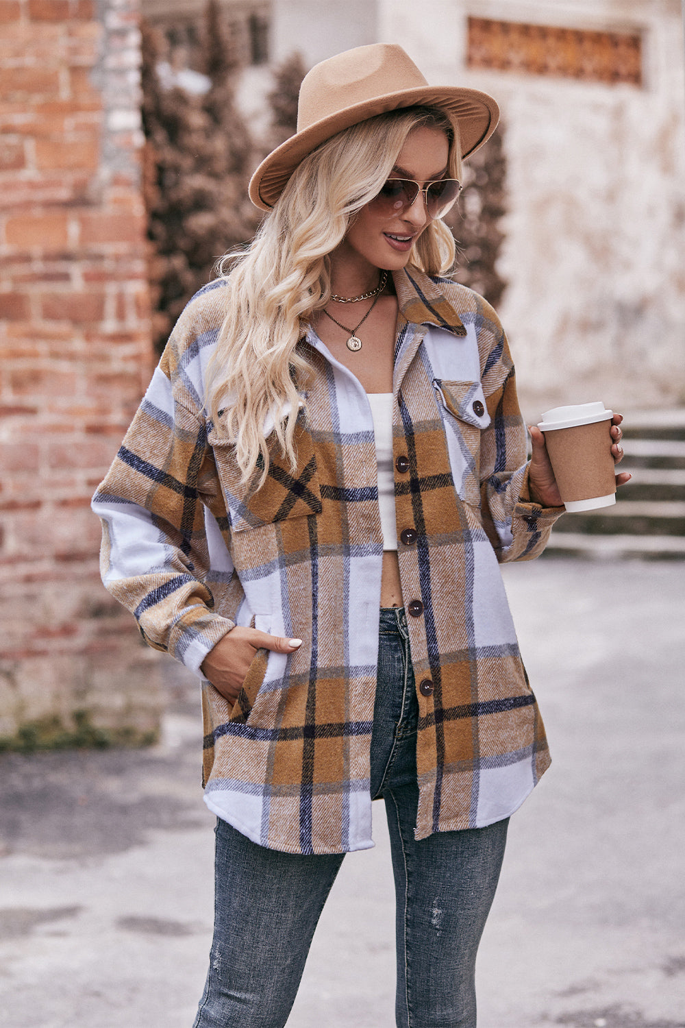 Plaid Long Sleeve Shirt Jacket with Pockets - T-Shirts - Coats & Jackets - 17 - 2024