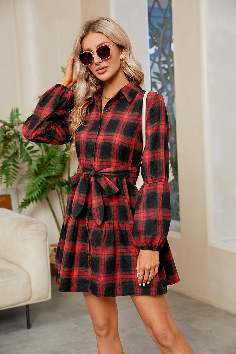 Plaid Print Tie Waist Collared Neck Shirt Dress - All Dresses - Dresses - 3 - 2024