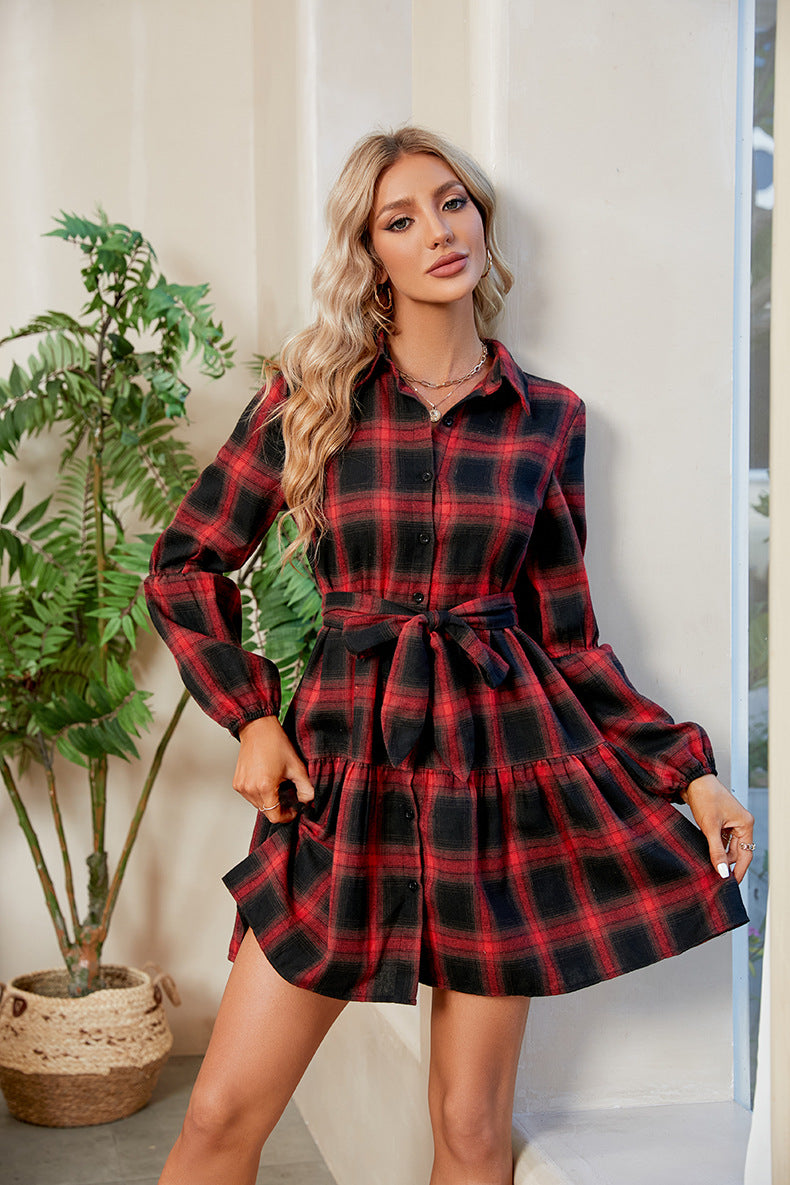 Plaid Print Tie Waist Collared Neck Shirt Dress - All Dresses - Dresses - 4 - 2024