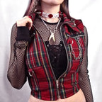 Plaid Punk Zipper Crop Top – Gothic Streetwear Chain Vest Top - T-Shirts - Tops - 2