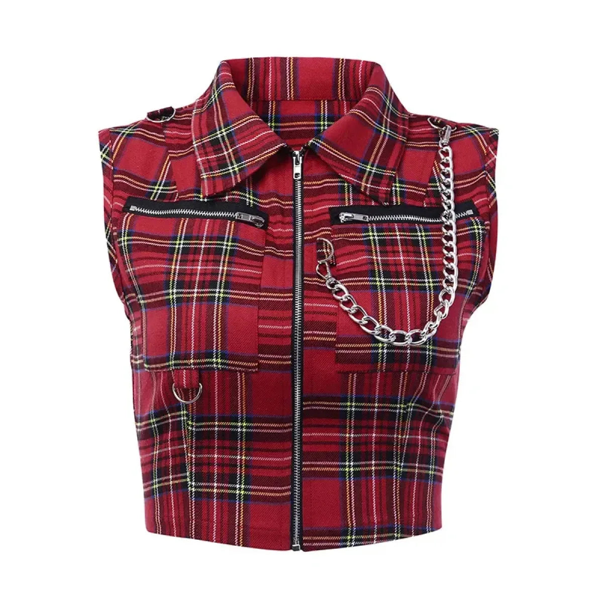 Plaid Punk Zipper Crop Top – Gothic Streetwear Chain Vest Top - T-Shirts - Tops - 7