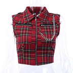 Plaid Punk Zipper Crop Top – Gothic Streetwear Chain Vest Top - T-Shirts - Tops - 6