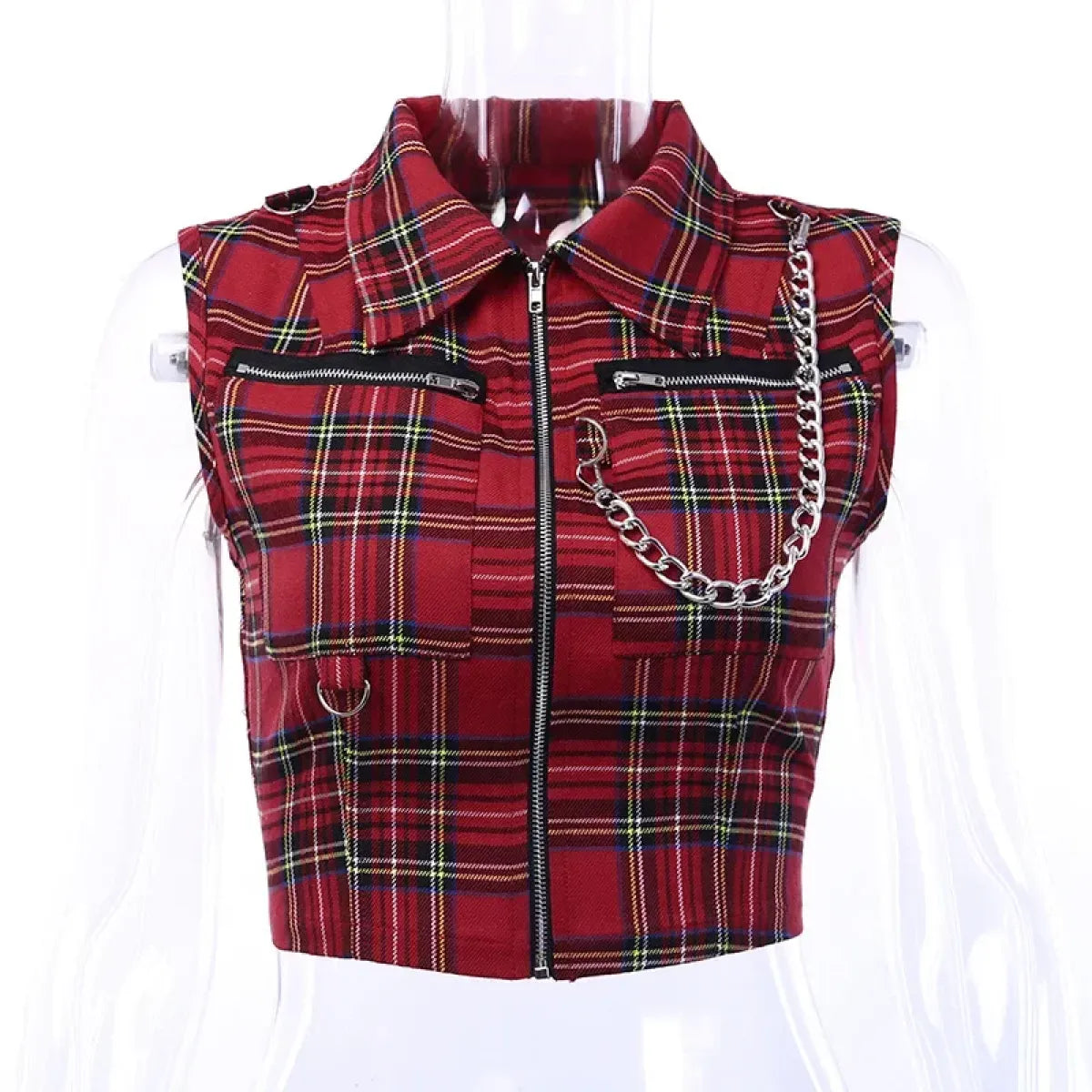 Plaid Punk Zipper Crop Top – Gothic Streetwear Chain Vest Top - T-Shirts - Tops - 6