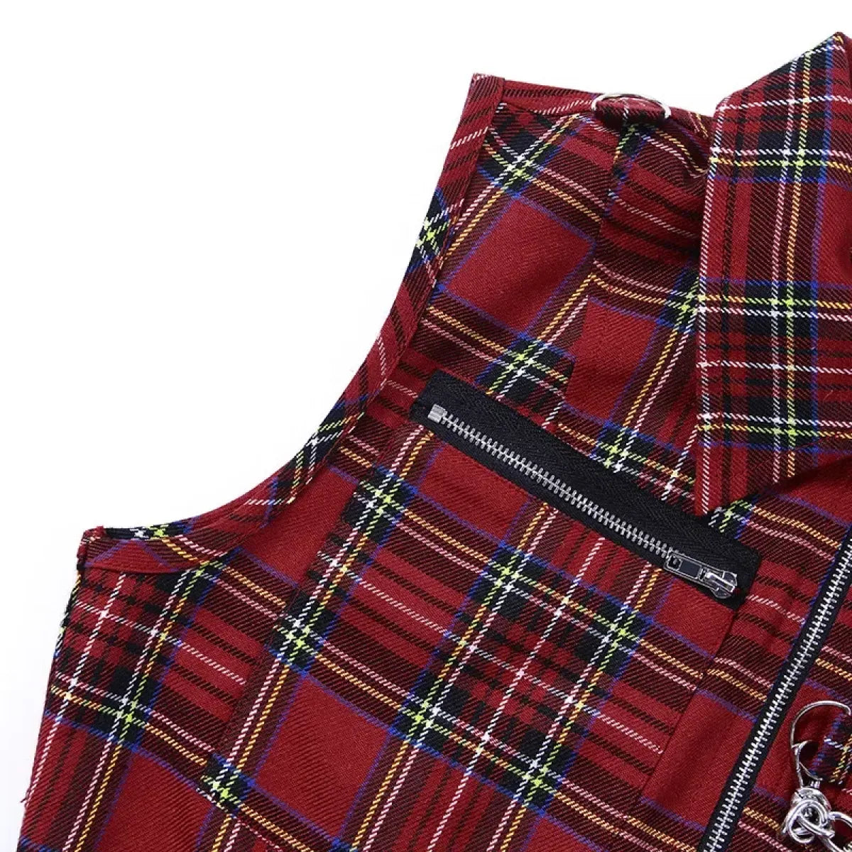 Plaid Punk Zipper Crop Top – Gothic Streetwear Chain Vest Top - T-Shirts - Tops - 5