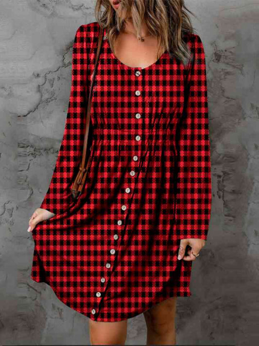 Plaid Round Neck Long Sleeve Magic Dress - Deep Red / S - All Dresses - Dresses - 1 - 2024