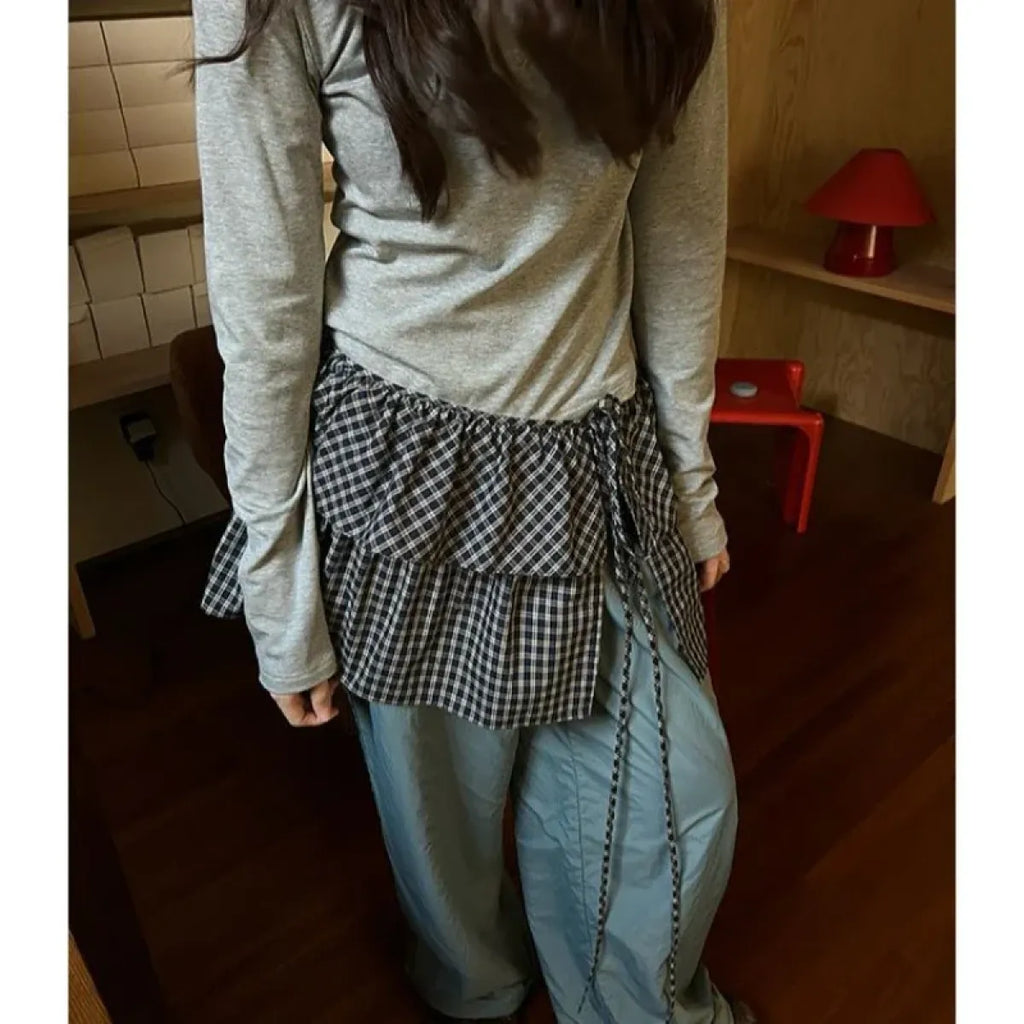 Harajuku Plaid Ruffle Tie Skirt Overlay - Bottoms - Mini Skirts - 1