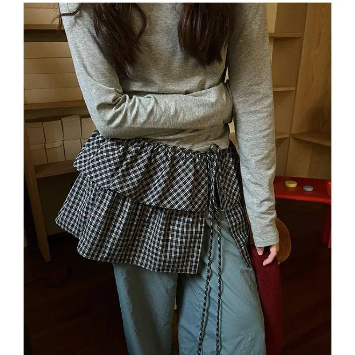 Harajuku Plaid Ruffle Tie Skirt Overlay - Bottoms - Mini Skirts - 3