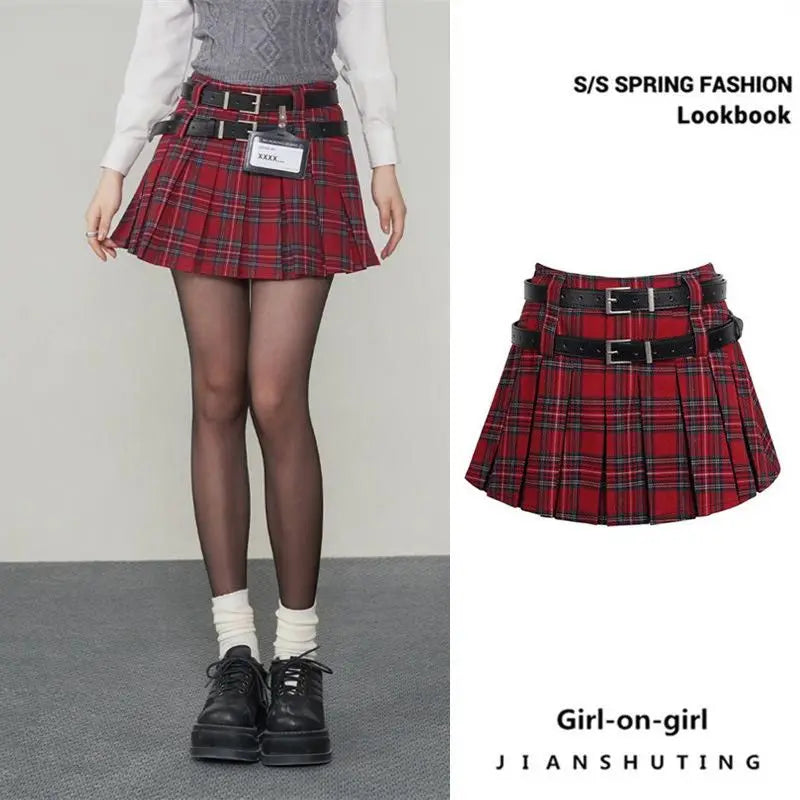 Checkered Panel High Waisted Plaid Skirt - Dark Red / S - Bottoms - Skirts - 8 - 2024