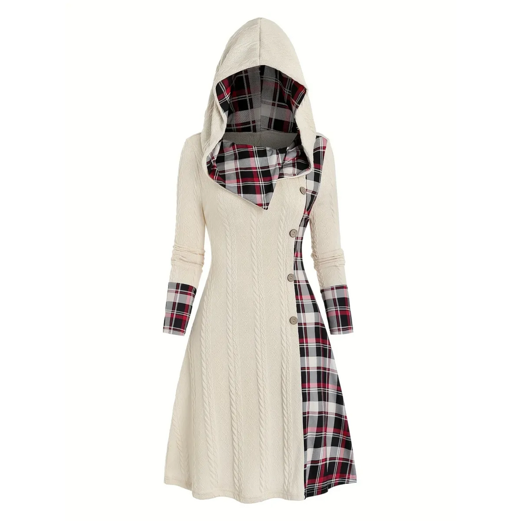 Plaid Stitch Hooded Knit A-Line Dress - All Dresses - Dress - 3