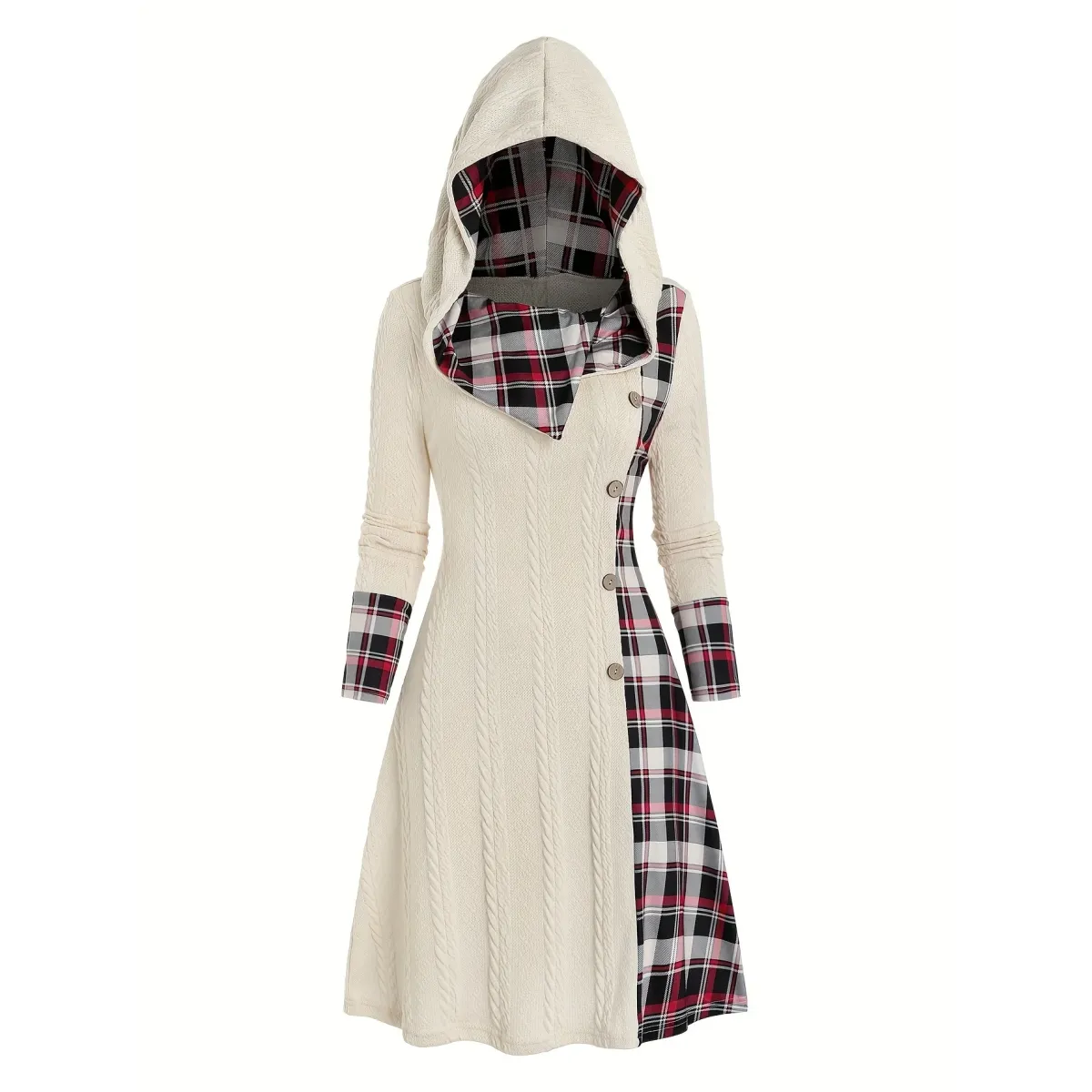 Plaid Stitch Hooded Knit A-Line Dress - All Dresses - Dress - 3