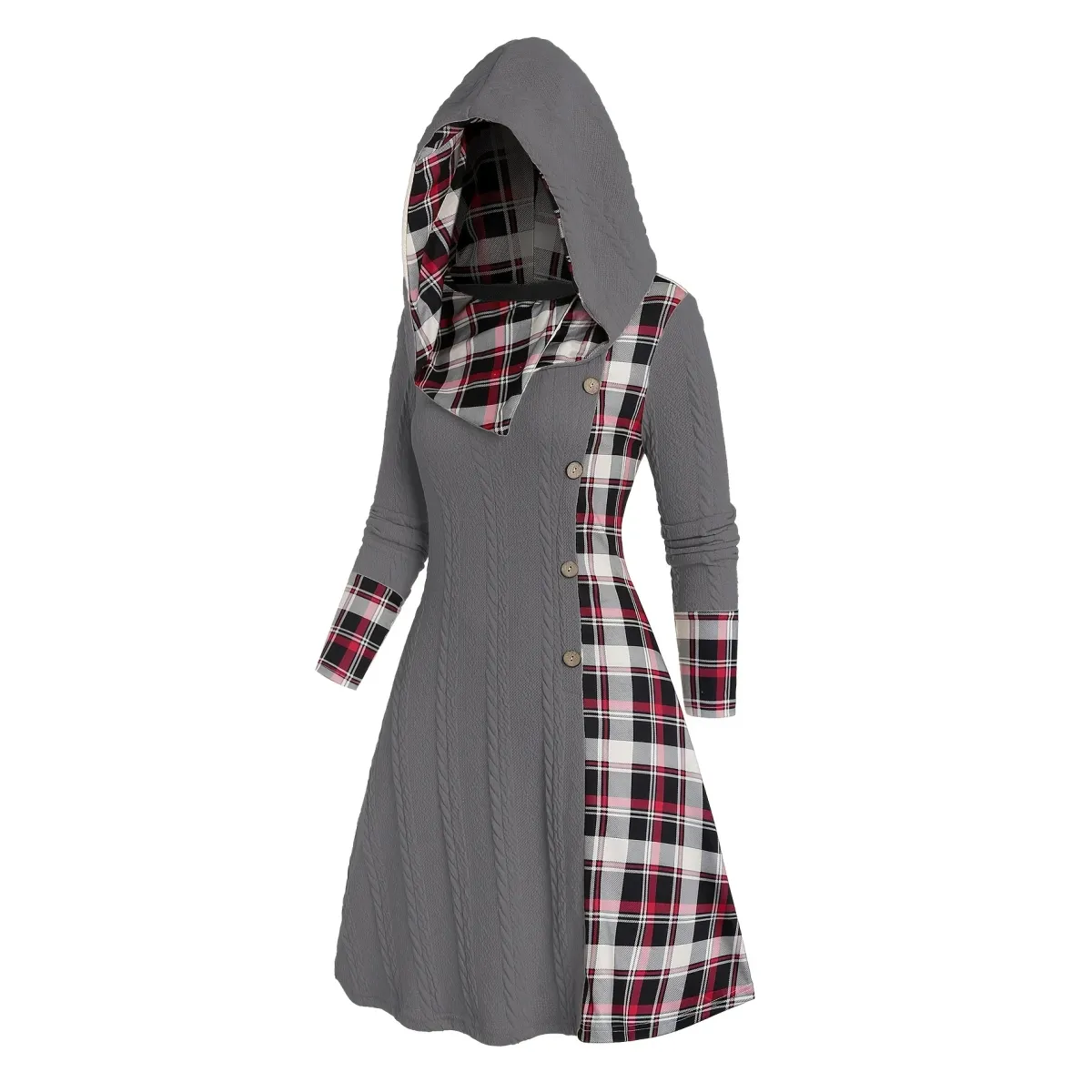 Plaid Stitch Hooded Knit A Line Dress Cozy Fit Kawaii Stop Plaid Stitch Hooded Knit A Line Dress Cozy Fit Kawaii Stop