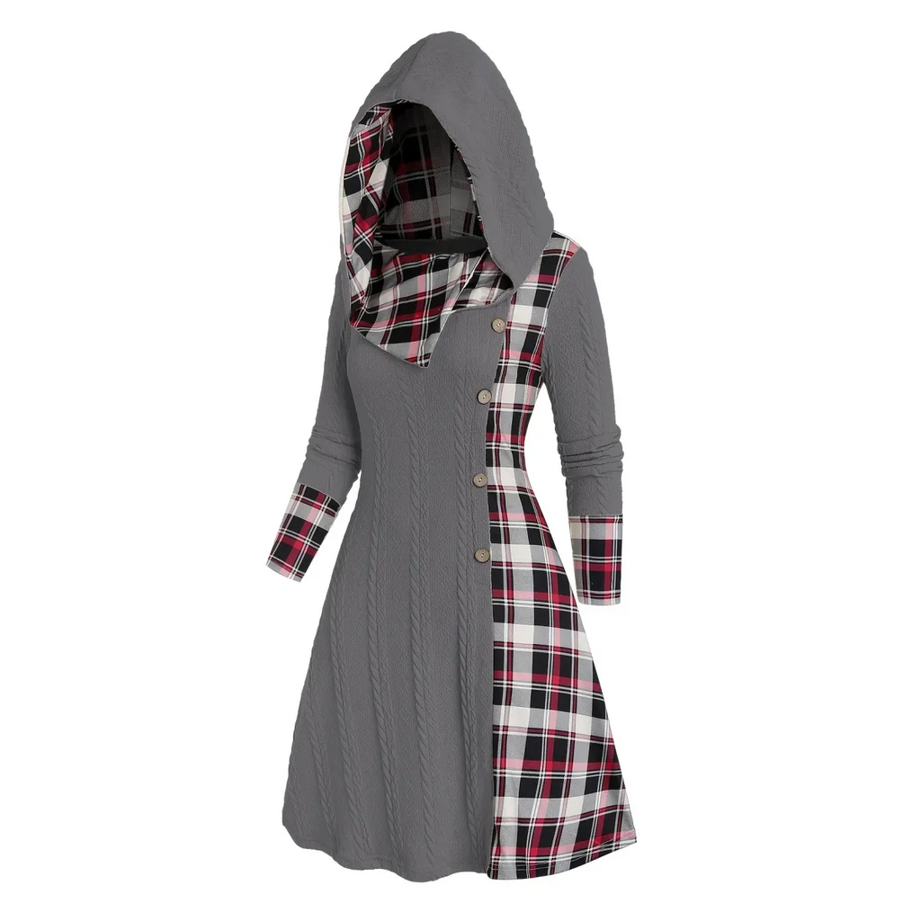 Plaid Stitch Hooded Knit A-Line Dress - All Dresses - Dress - 8