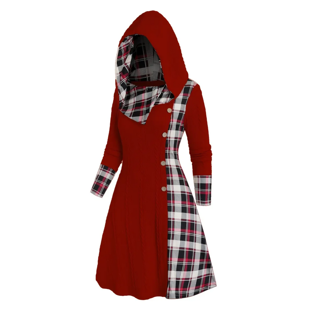Plaid Stitch Hooded Knit A-Line Dress - All Dresses - Dress - 7