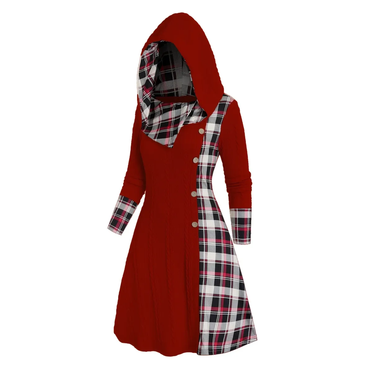 Plaid Stitch Hooded Knit A-Line Dress - All Dresses - Dress - 7