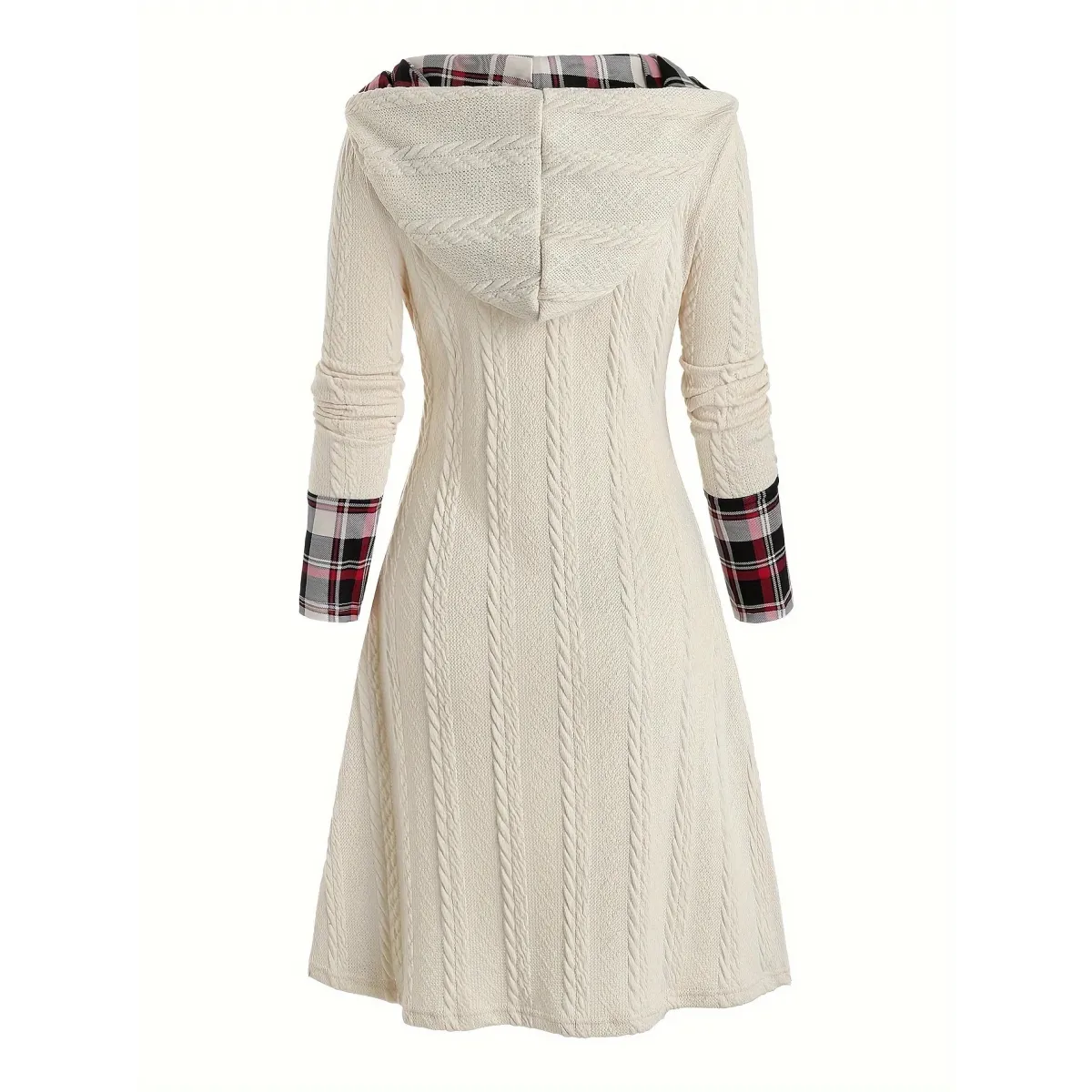Plaid Stitch Hooded Knit A Line Dress Cozy Fit Kawaii Stop Plaid Stitch Hooded Knit A Line Dress Cozy Fit Kawaii Stop