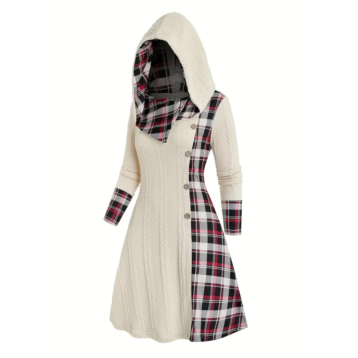 Plaid Stitch Hooded Knit A-Line Dress - All Dresses - Dress - 1