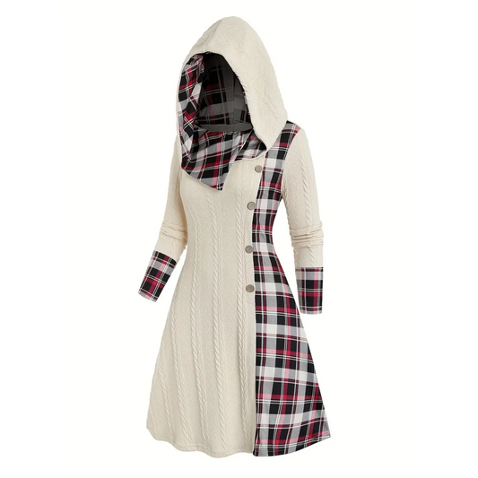 Plaid Stitch Hooded Knit A-Line Dress - All Dresses - Dress - 1