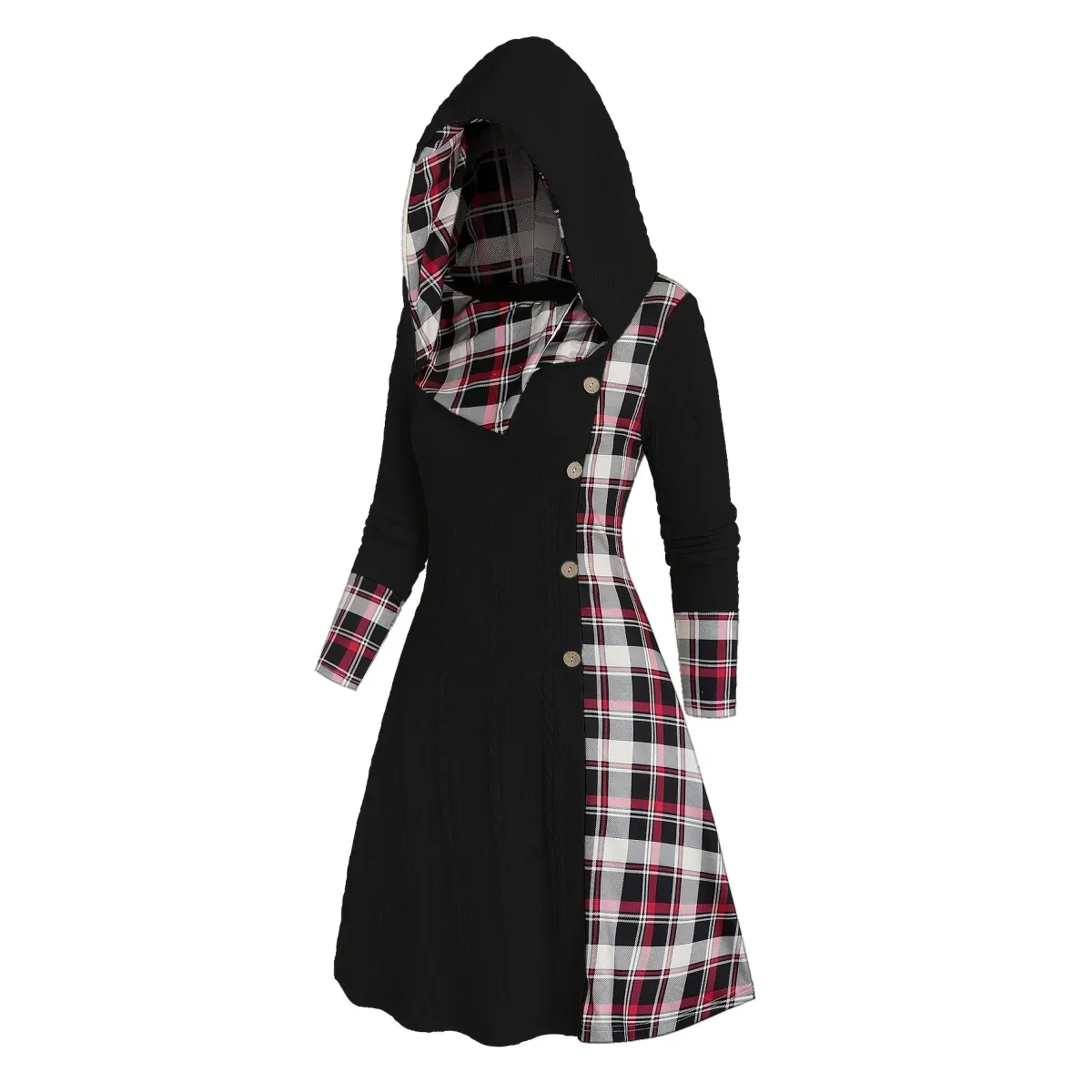 Plaid Stitch Hooded Knit A Line Dress Cozy Fit Kawaii Stop Plaid Stitch Hooded Knit A Line Dress Cozy Fit Kawaii Stop