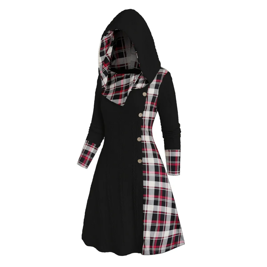 Plaid Stitch Hooded Knit A-Line Dress - All Dresses - Dress - 6