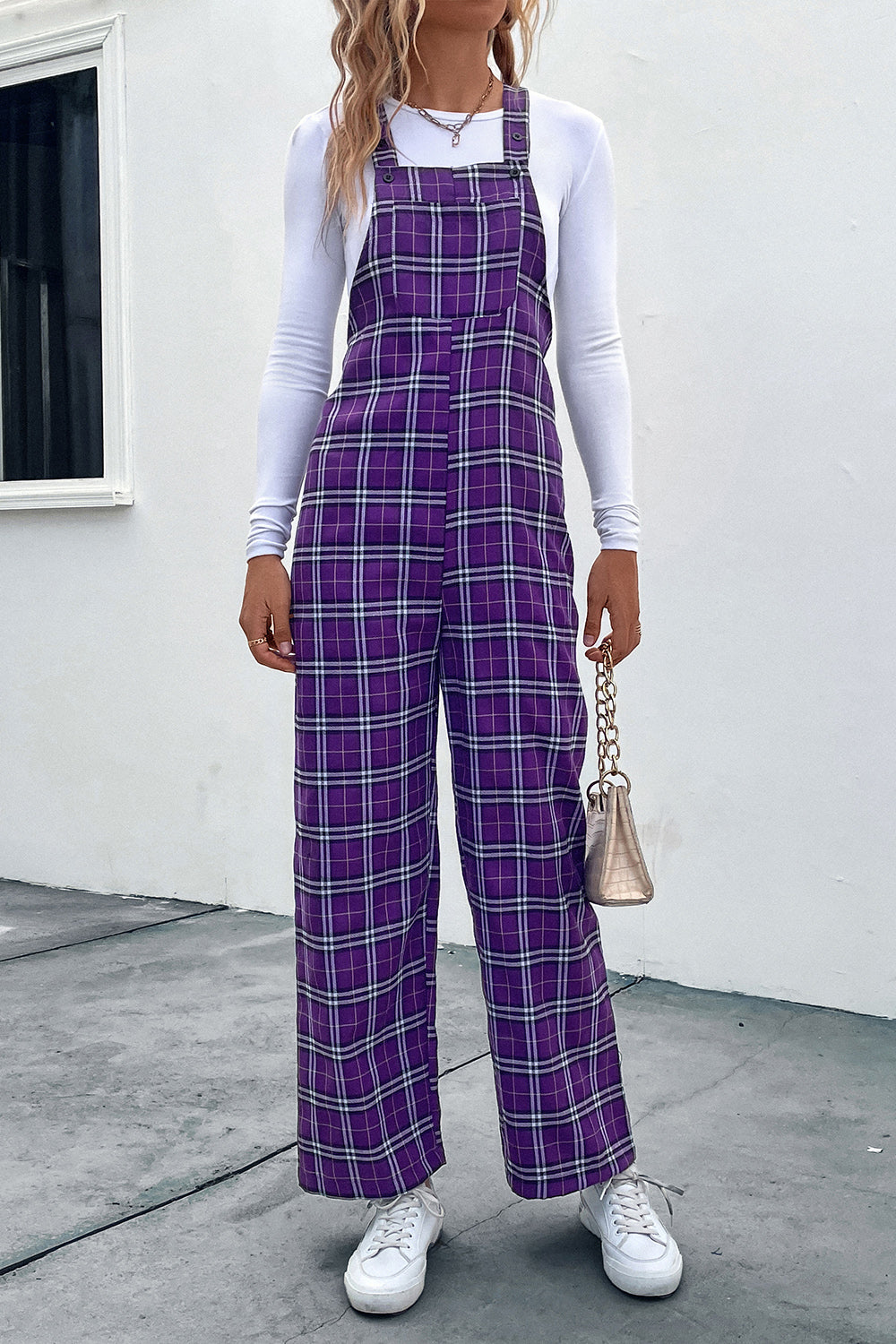 Plaid Straight Leg Overalls - Purple / S - Bottoms - Overalls - 1 - 2024