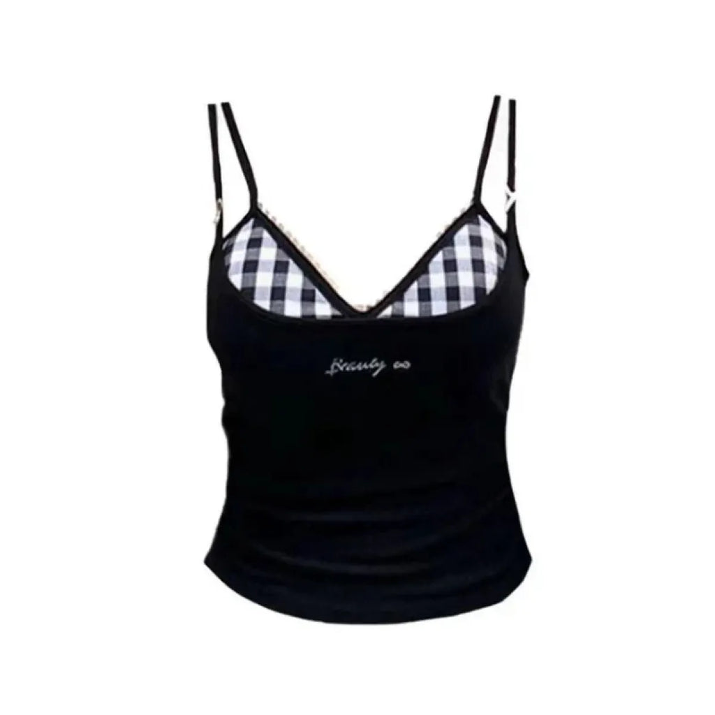 Plaid Y2K Layered Camisole – Retro Korean Aesthetic - Women’s Clothing & Accessories - Sleeveless - Round - Camisole - 1