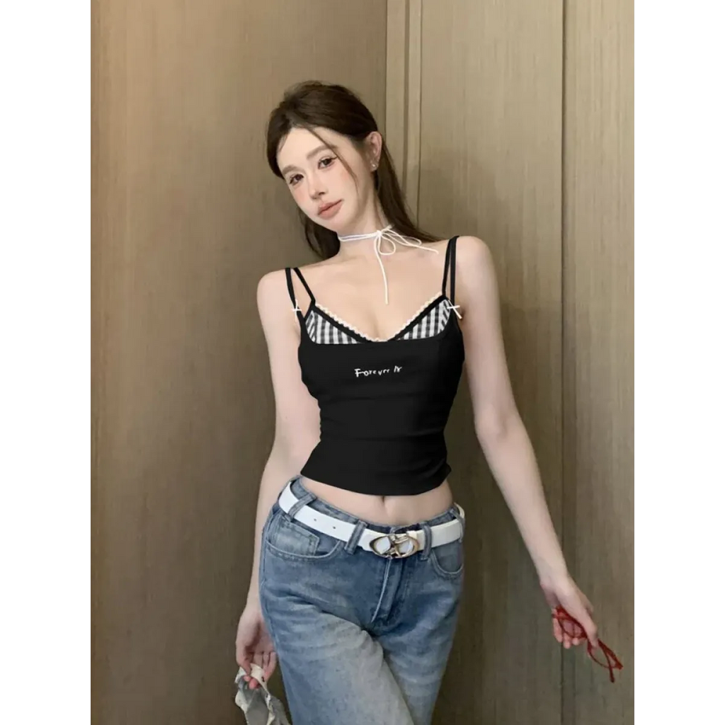 Plaid Y2K Layered Camisole – Retro Korean Aesthetic - Women’s Clothing & Accessories - Sleeveless - Round - Camisole - 2