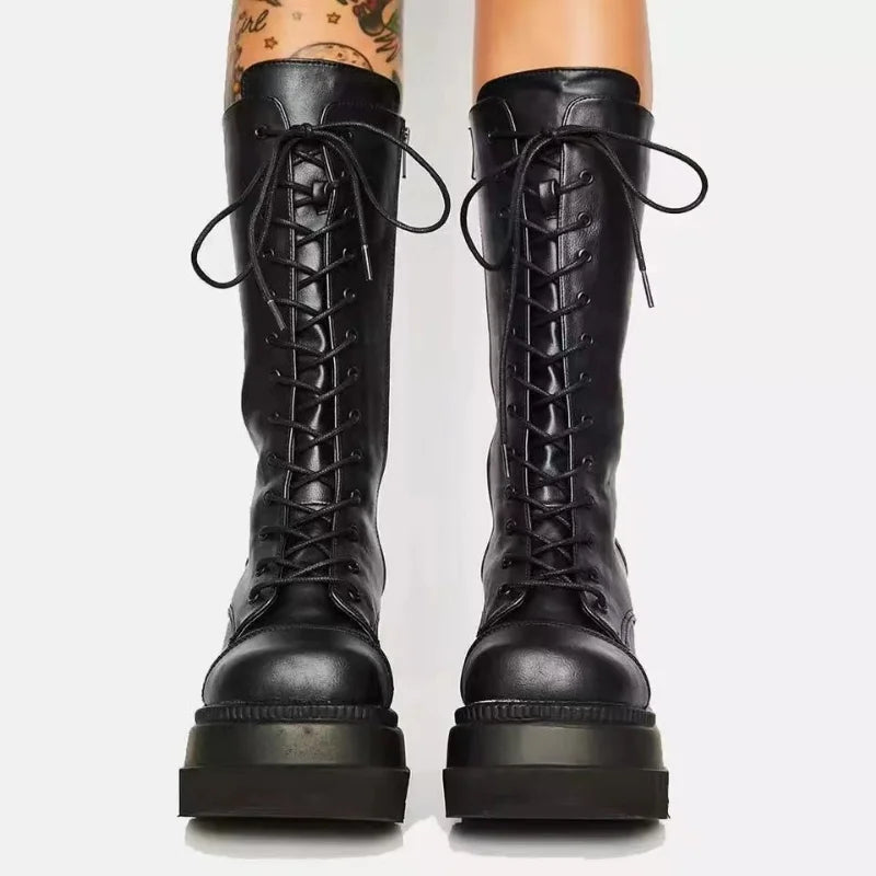 Platform Punk Boots - Black Leather Combat Booties - All Products - Shoes - 3 - 2024