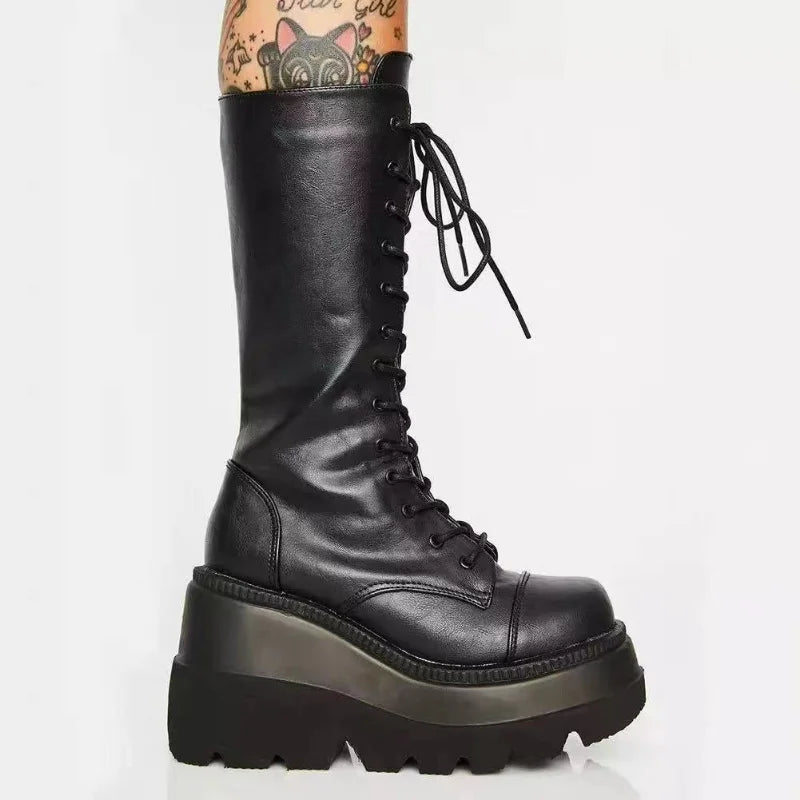 Platform Punk Boots - Black Leather Combat Booties - All Products - Shoes - 4 - 2024