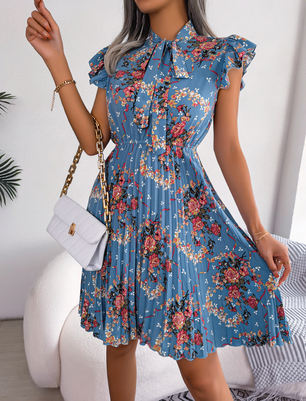 Pleated Floral Printed Tie Neck Knee Length Dress - Blue / S - All Dresses - Dresses - 1 - 2024