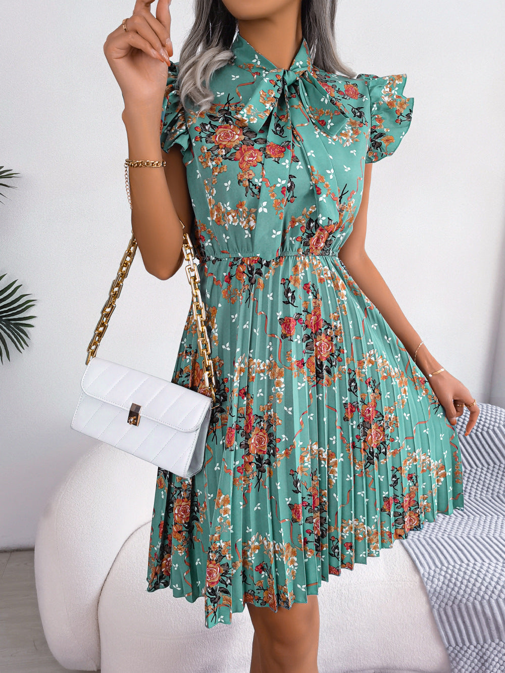 Pleated Floral Printed Tie Neck Knee Length Dress - Green / S - All Dresses - Dresses - 4 - 2024