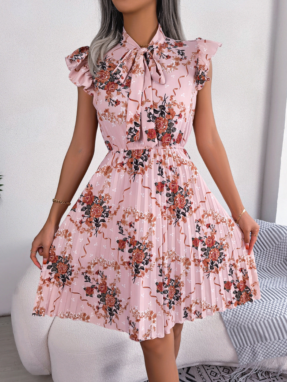 Pleated Floral Printed Tie Neck Knee Length Dress - Pink / S - All Dresses - Dresses - 7 - 2024