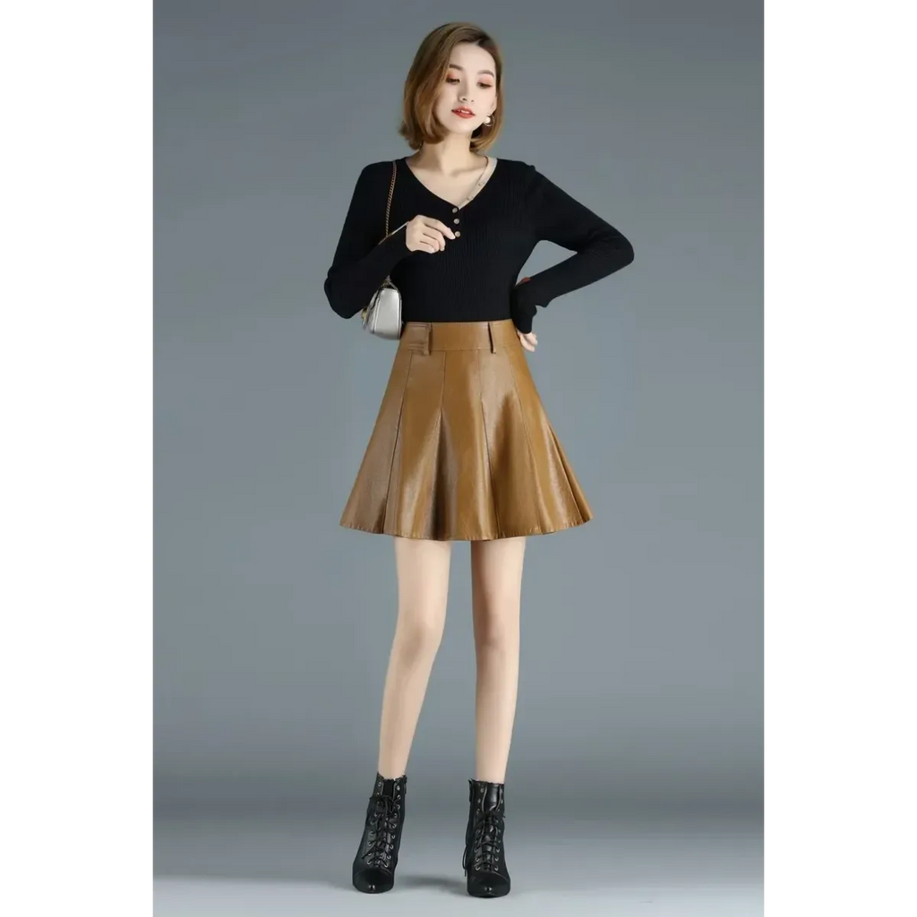 High Waist Pleated Leather Skirt – Korean Style Mini Skirt - Bottoms - Skirts - 4
