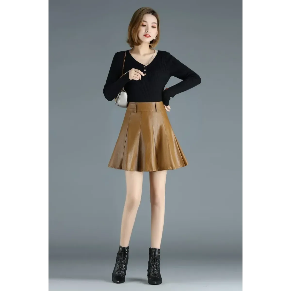 High Waist Pleated Leather Skirt – Korean Style Mini Skirt - Bottoms - Skirts - 4