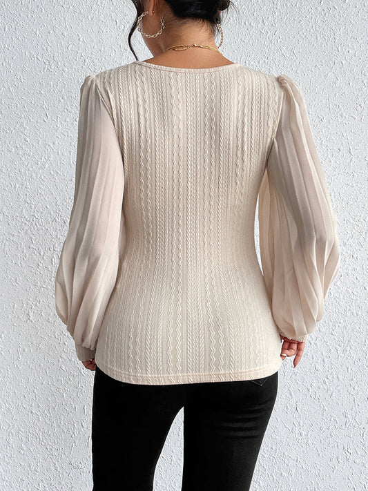 Pleated Puff Sleeve Round Neck Blouse - Women’s Clothing & Accessories - Shirts & Tops - 2 - 2024