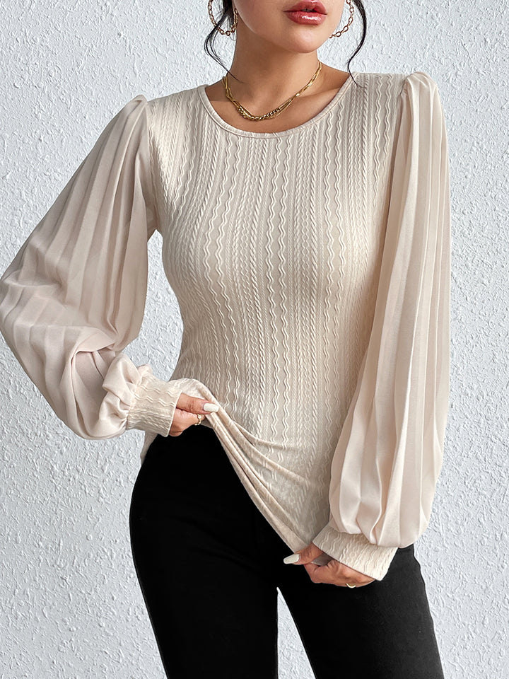 Pleated Puff Sleeve Round Neck Blouse - White / S - Women’s Clothing & Accessories - Shirts & Tops - 3 - 2024