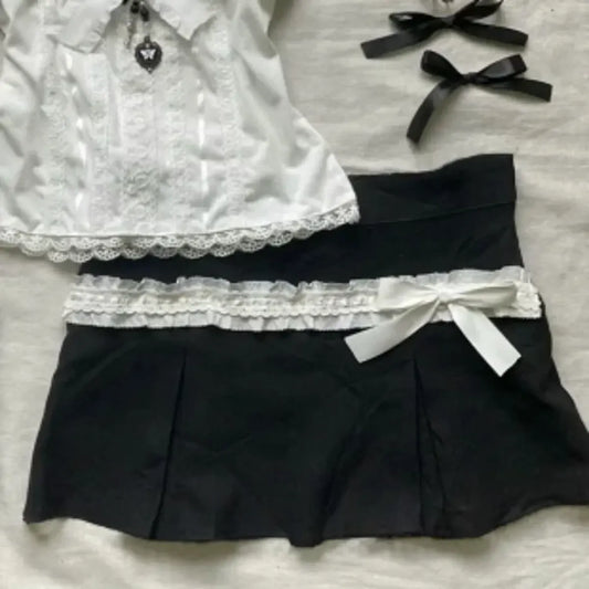 Lace Corset Crop Top & Pleated Skirt Set - Bottoms - Sets / Co-ords - 2