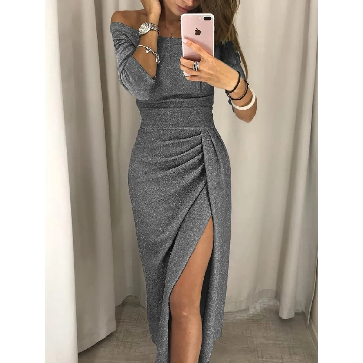 Sexy Pleated Split Dress - Gray / XS - All Dresses - Outfit Sets - 10 - 2024
