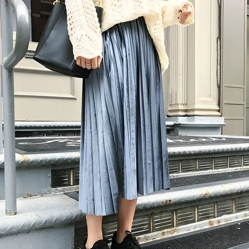 Elastic Waist Pleated Velvet Skirt - Bottoms - 10