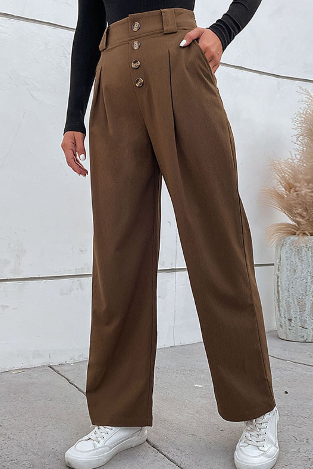 Button-Fly Pleated Waist Wide Leg Pants with Pockets - Bottoms - Pants - 2 - 2024