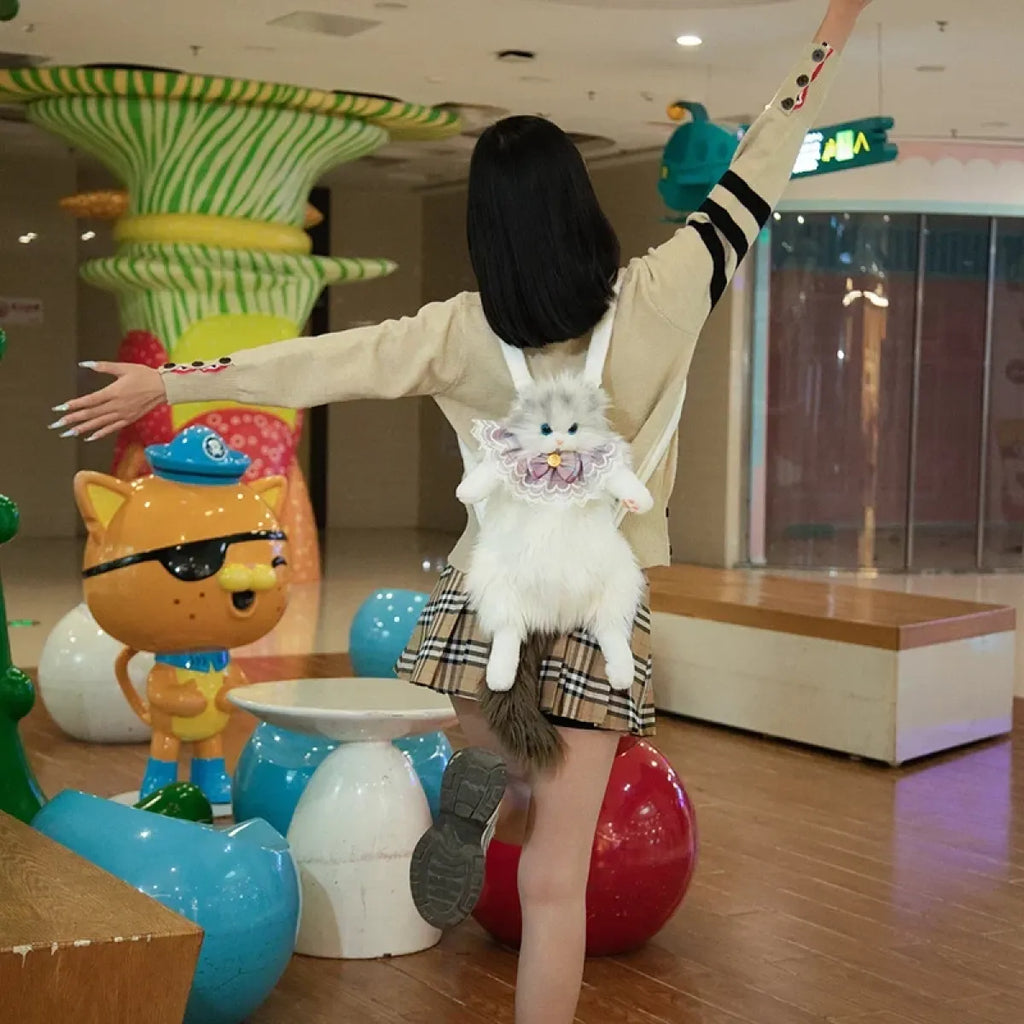 Kawaii Plush Cat Backpack Purse with Lace Collar - Women Bags & Wallets - Backpack - 4