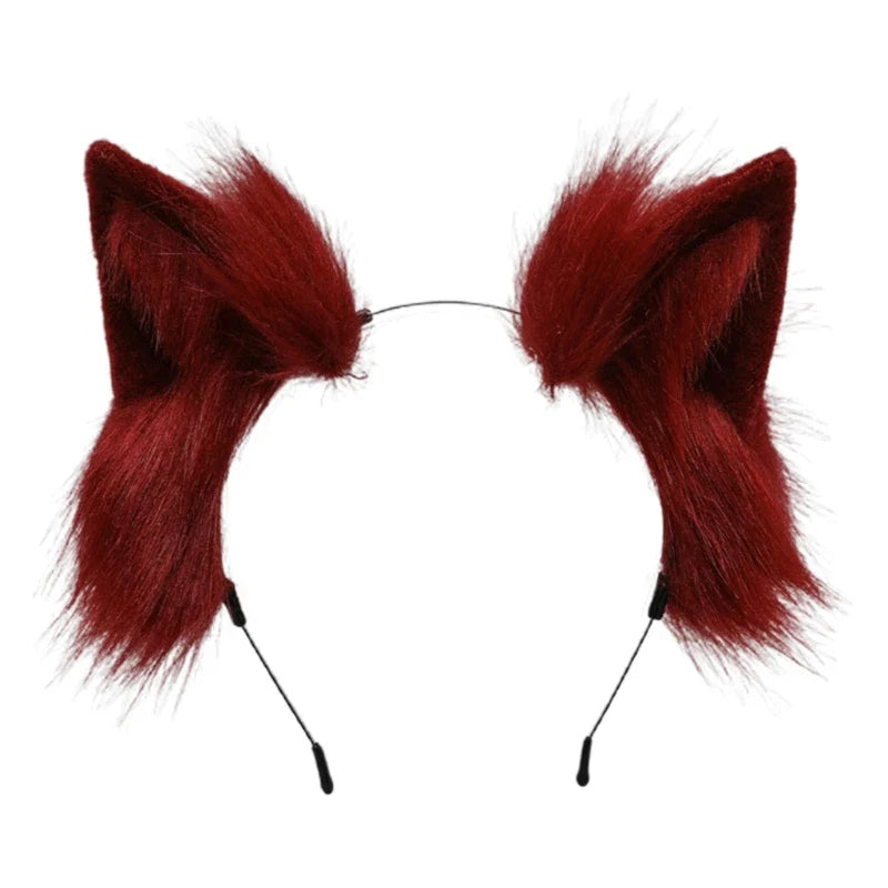 Handmade Cat Faux Fur Ears Headband - Fluffy Plush Animal Hair Hoop - Wine Red - Plushies - Hair Accessories - 23 - 2024