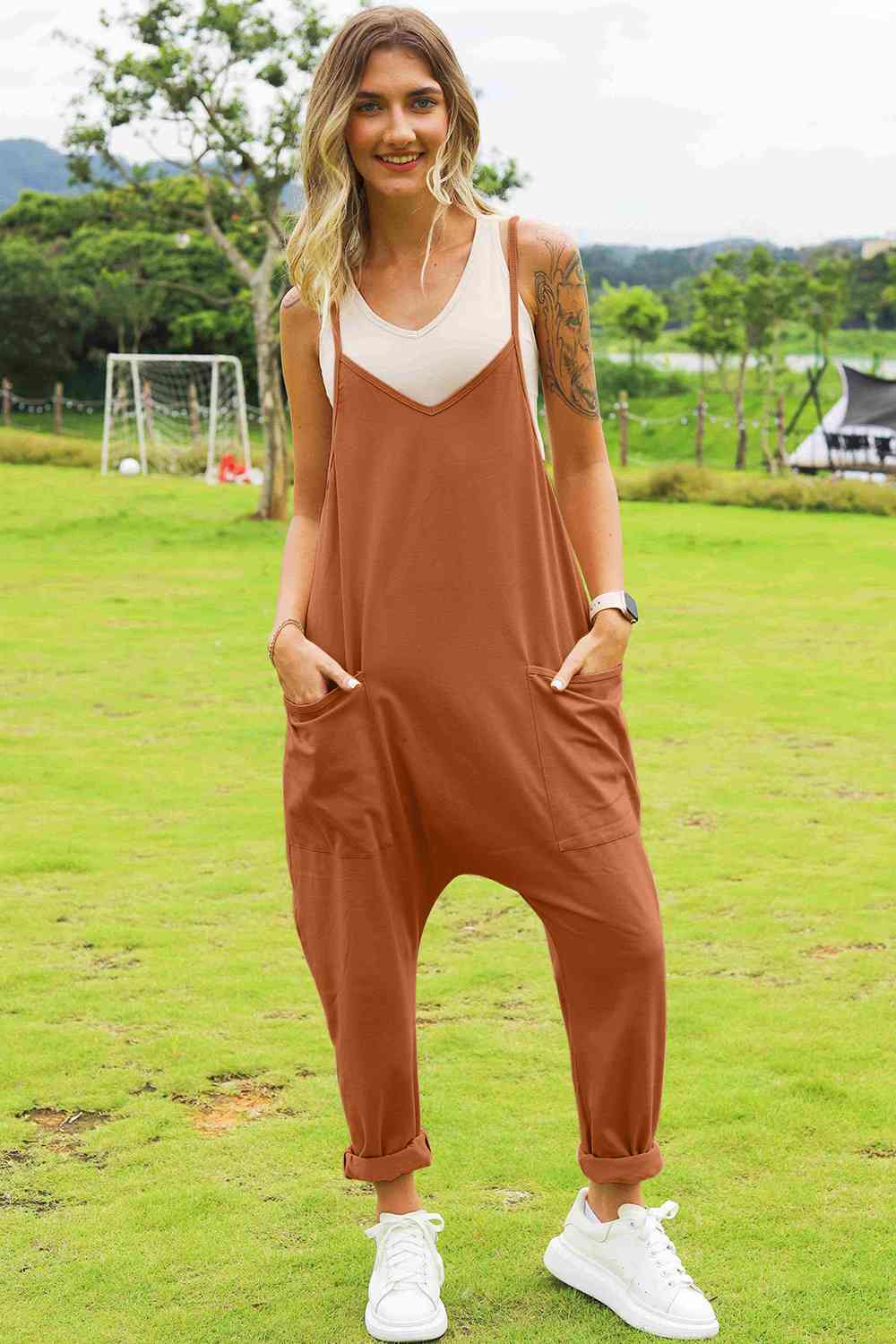 Sleeveless V-Neck Pocketed Jumpsuit - Ochre / S - Women’s Clothing & Accessories - Jumpsuits & Rompers - 10 - 2024